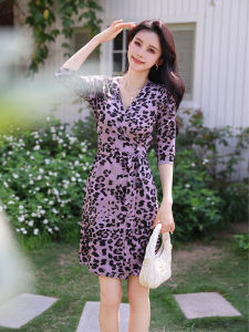 Elegant High Waist French Style Wrap Dress Pink Leopard Print Slimming Elastic One Piece Summer Dress Ultra Soft Stretchy
