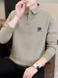 HENGYUANXIANG | Mens Fleece Lined Thickened Shirt Collar Sweater One-Piece Velvet Knitted Winter Fashion Urban Style Long Sleeve Crew Neck Pullover