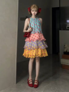 Brightly Styled Polka Dot Halter Strap Layered Dress