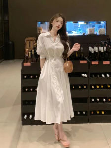 เรียบหรู ทางปัญญา เดรสเชิ้ต ผู้หญิง ดีไซน์ Sensation High เอว สีขาว เปิดลง ปกเสื้อ เดรส เดินทาง ศิลปะ สไตล์