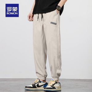 ROMON | Romon Mens Summer Thin Ice Silk Casual Pants Loose Elastic Cuffed Nine-Tenths Trousers Trendy Workwear Youthful Polyester Fiber