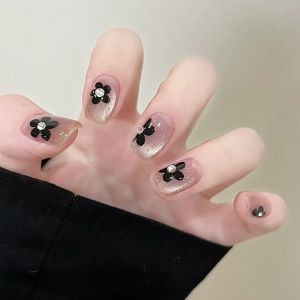 Black Flower Short Wearing Nail False Nails Cute Cat Eye Nail Art Decorated with Diamonds Easy to Wear Any Skin Type