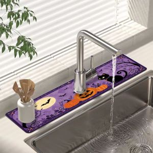 VIKAMA Halloween Purple Black Cat Pumpkin Faucet Absorbent Pad Quick Drying Anti Sliding Surface Pad Home Decoration