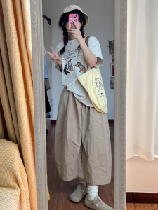 ชุดกีฬาลำลองผ้าฝ้ายแท้สำหรับผู้หญิงชุดสองชิ้นแขนสั้นเอวสั้นทรงหลวมกระชับสัดส่วนฤดูร้อนสำหรับนักเรียน