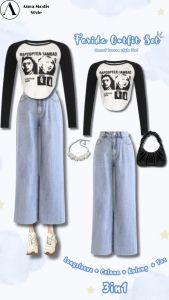 One set Kekinian 3in1 Setelan ( Kaos longsleeve + Celana Loose Pants + Tas + Kalung ) AM249R