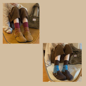 Thickened Woolen Socks Womens Autumn Winter Warm Long Tube Striped Japanese Retro Color Block Thick Line Mid-Calf Socks