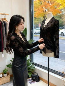 ZHILU | Áo Cổ V Đính Ren Cao Cổ Dài Tay Giúp Gọn Người