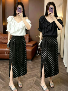 Ruffled Off-Shoulder Irregular Shirt Polka Dot Skirt Set