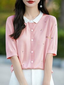 DONGYINUAN | Collar Color-block Short Sleeve Thin Tencel Top