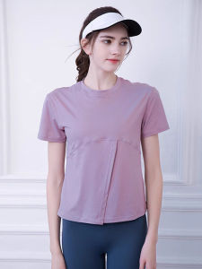 เสื้อยืดคอกลมแขนสั้นหลวมสำหรับผู้หญิง ชุดโยคะ วิ่ง ออกกำลังกาย อบอุ่น ดูดซับเหงื่อ ผ้าโพลีเอสเตอร์ ฤดูใบไม้ร่วง/ฤดูหนาว