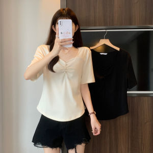 Plus Size Womens Clothing for Fat Girls Recommend ~ Elegant French Square Collar Curved Hem Belly-Covering Short Sleeve T-Shirt Womens Summer