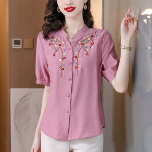 LUCKIN STORE เสื้อเสื้อปักลายวินเทจ2025หน้าร้อนเสื้อปักกระดุมเสื้อฝ้ายลินินไฮเอนด์