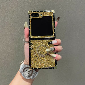 Sparkling Gold Faux Rhinestone Leather Square Phone Case for Samsung Galaxy Z Flip 8 6 5 4 3 Flip 7 FE with Shiny Ring Holder