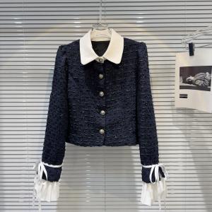 Trendy White Bowtie Tweed Short Jacket Womens Shirt Style Autumn New Arrival Elegant Straight Cut Polo Collar Long Sleeve