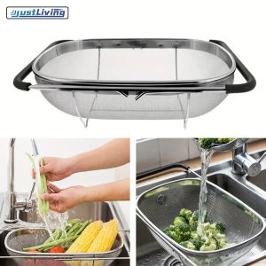 JustLiving 1PC Extendable Stainless Steel Colander with Fine Mesh and Drain Basket Oval Colander with Rubber Grip Handles- Perfect for Vegetables and Kitchen Sink Accessories