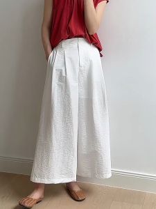 Women’s Solid Color Loose Fit Casual Pants with Elastic Waist Straight Cut Wide-Leg Nine-Minute Length Trousers for Everyday Wear