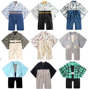 Kids Boy Kimono Bodysuit Romper Baby Cotton Long Sleeve Jumpsuit Japanese Printed Stripe Kimono Suit
