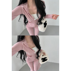 ชุดเสื้อคาร์ดิแกนมีฮู้ดและกระโปรงทรงเอเอวสูงสไตล์ลำลองสำหรับผู้หญิงในฤดูใบไม้ร่วงปี 2024 ชุดแฟชั่นลำลองสำหรับผู้หญิง