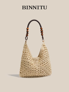 Summer Straw Woven Handbag Vacation Beach Single Shoulder Tote Bag Commute Casual Fashion Bag for Women
