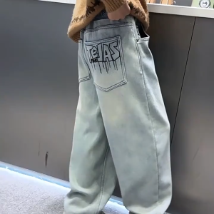Jeans For Kids Boy 6-12yrs Letter Embroidery Trendy Street Baggy Pants For Kids Boy Denim Pants For Kids Boy Korean OOTD For Kids Boy 130-160cm