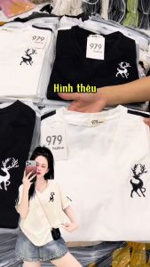 Áo Thun Nữ Cổ Tim Mã A86 Form Vừa 35 Đến 65kg Sọc Tay Thêu Hươu Cotton Mềm Mịn Mát Phong Cách Cá Tính