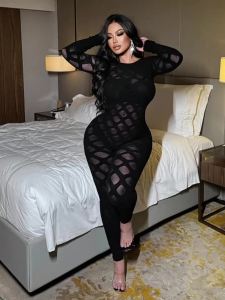 Bộ Jumpsuit Đen Gợi Cảm Dành Cho Nữ Thiết Kế Khoét Lỗ Xuyên Thấu Ôm Sát Body Một Mảnh Phối Ren Xuyên Thấu Tay Dài Thích Hợp Cho Các Buổi Tiệc Đêm Tại Câu Lạc Bộ.