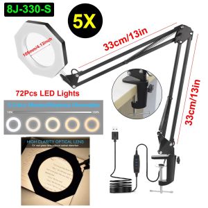 NEWACALOX 5X Magnifying Glass with Light Flexible Gooseneck LED Desk Lamp 3 Color Modes Stepless Dimmable Magnifying Light