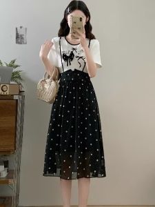 AIYITI | Elegant French Style Short Sleeve Midi Dress Summer New Plus Size Womens Faux Two-Piece Waist-Cinching Belly Concealing Chiffon Skirt