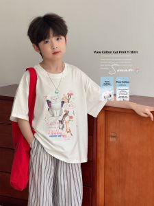 Pure Cotton Short Sleeve T-Shirt for Boys Summer Wear Cartoon Kids Clothes Thin Body Shirt Casual Loose Fit round Neck