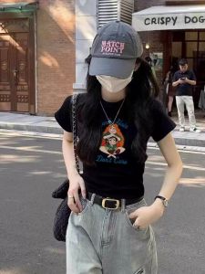 Slim Fit Pure Cotton Short Sleeve T-Shirt Women Summer New Style round Neck Small Top European American Style Sweet And Spicy