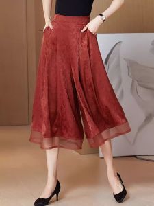 Casual High Waist Wide Leg Pants Womens Summer Thin Loose Ice Silk Tassel Flower Embroidery Seven-Foot Skirt Pants
