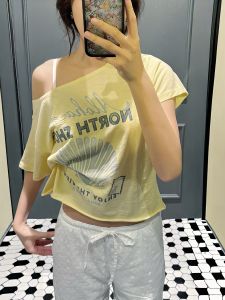 Pure Cotton Short Sleeve T-Shirt Womens Sweet And Spicy Style Spring 2025 Cartoon Print One-Shoulder Mini Top by Ou Family