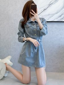Retro Long Sleeve Denim Dress Womens Fashion Autumn Wear A-Line Short Skirt Slimming Waist Design Polo Collar Single Button