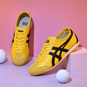 2024 Original Tiger Shoes Mens and Womens Retro MEXICO 66 Sports Shoes Classic Versatile Casual Shoes Fashion Soft Leather Shoes Yellow/Black