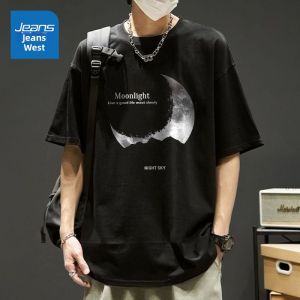 Jeanswest Pure Cotton round Neck Short Sleeve Mens T-shirt Breathable Loose Fit Summer Youth Moon Design Korean Style Top
