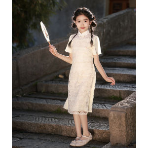 New Chinese Style Girls Cheongsam Dress Lace Audrey Skirt Fashionable Summer Childrens Dress Traditional Ethnic Clothing
