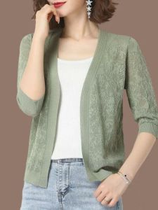 plus Size Ice Silk Open Cardigan Womens Summer Lightweight Short Sleeve Sun Protection Outerwear V-Neck Knitted Sweater