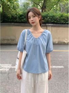 AIYITI | Korean Style Large Size Slimming Loose Blue Short Sleeve Womens Shirt