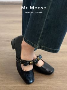 Black Retro Camellia Thick Heel Mary Janes Flat Head Womens Shoes Butterfly Knot Commuter Footwear Sweet Style Leather Interior