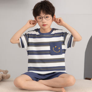 Miiow | Pure Cotton Summer Pajamas For Boys Short Sleeve Long Pants Three Piece Set Cartoon Print Comfortable Breathable Home Clothes