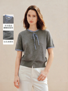 INMAN | Cool Silk Gingham Wood Ear Bow Knit Cardigan
