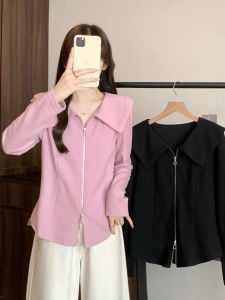 plus Size Womens Long Sleeve T-Shirt Double Zipper Naval Collar Slimming Design Commute Style Korean Fashion Autumn Top