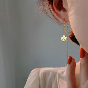Trendy Unique Tassel Earrings Gold Color Womens Fashion Jewelry Leaf Shape Dangle Earrings Korean Style Titanium Steel