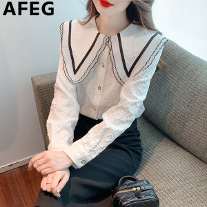 AFEG Korean version doll collar fashion loose temperament color contrast chiffon long-sleeved blouse for women