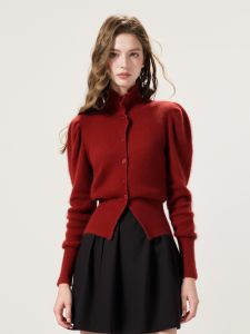 French Red Christmas High Neck Knitted Sweater Womens Slim Fit Inner Wear Winter New Style Open Cardigan Top HUAAPPUW