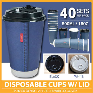 House of EQA 40 SETS Disposable Paper Cups with Lid Cover 500ML Printed Paper Cups and Plastic Lid Double Layer Paper Material High Base Design Thick Paper with Long Seepage Life Perfect for Office use and Business Use Disposable Drinkware