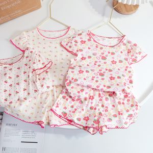 Bộ Trang Phục Cotton Họa Tiết Hoa Ngọt Ngào Cho Bé Gái Mùa Hè Không Tay Cổ Tròn Quần Short Và Áo Nhà Quần Áo Điều Hòa Phù Hợp Với