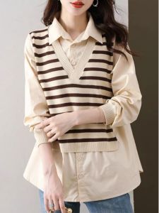 September Momo 2024 Spring & Fall New Arrival Fake Two Pieces Shirts Stripes Patchwork Fashionable Sweater Chubby Girl Plus Size Tops