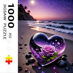 1000pcs Jigsaw Puzzle with Heart-Shaped Pieces - Large Beach Sunset with Starry Night Sky & Sand Purple Ocean Suitable for Ad