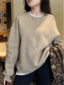 Early Autumn Solid Color round Neck Sweatshirt Womens Spring Autumn New Fashion Loose Lazy Style Long Sleeve Top